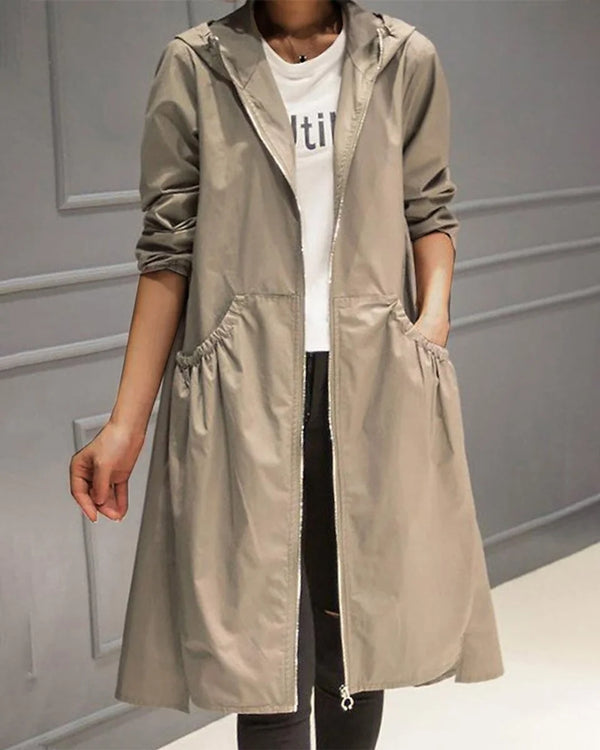 Khaki Women's Waterproof Trench Coat with Hooded A-Line Silhouette & Drawstring Waist — Bea