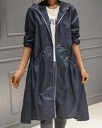 Navy Blue Women's Waterproof Trench Coat with Hooded A-Line Silhouette & Drawstring Waist — Bea