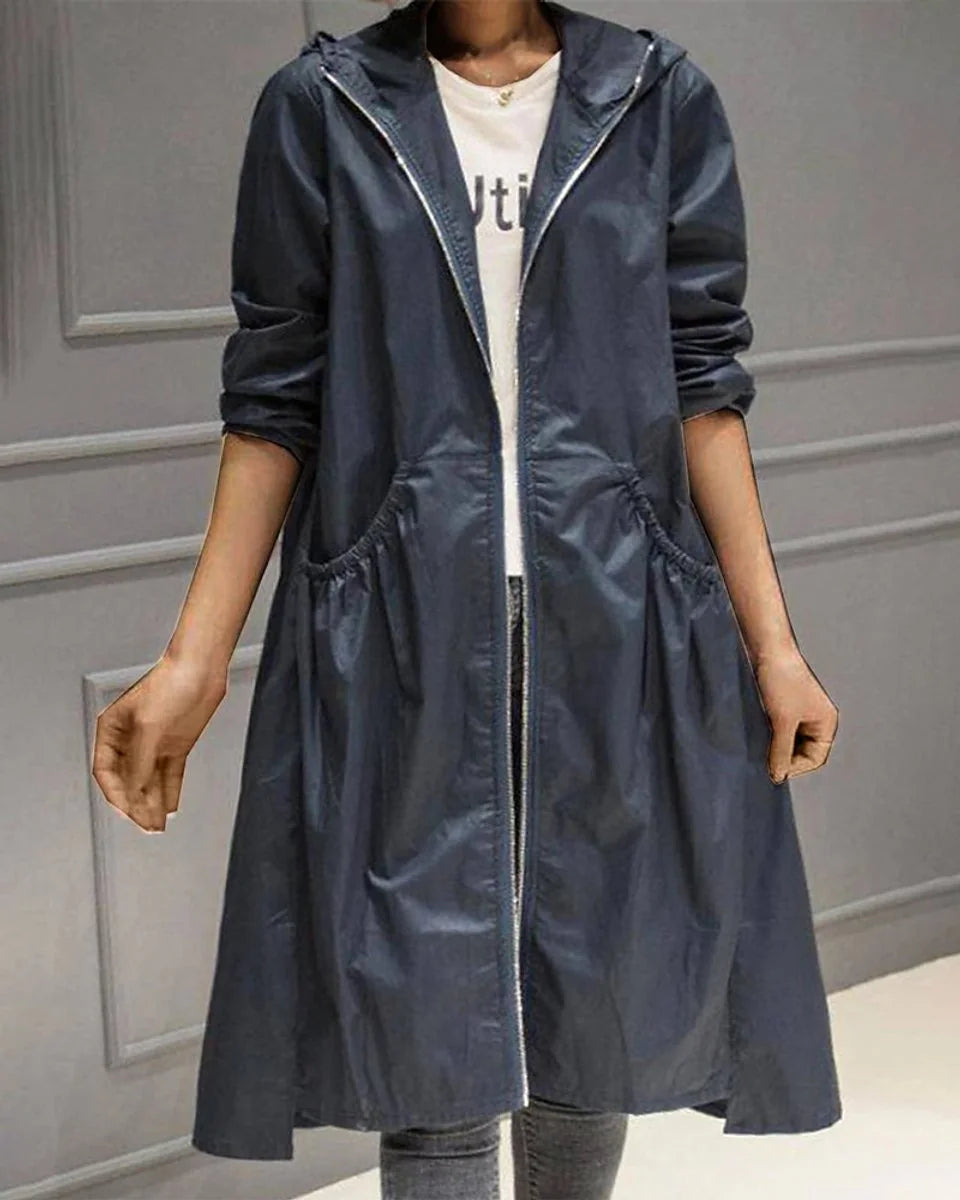 Navy Blue Women's Waterproof Trench Coat with Hooded A-Line Silhouette & Drawstring Waist — Bea