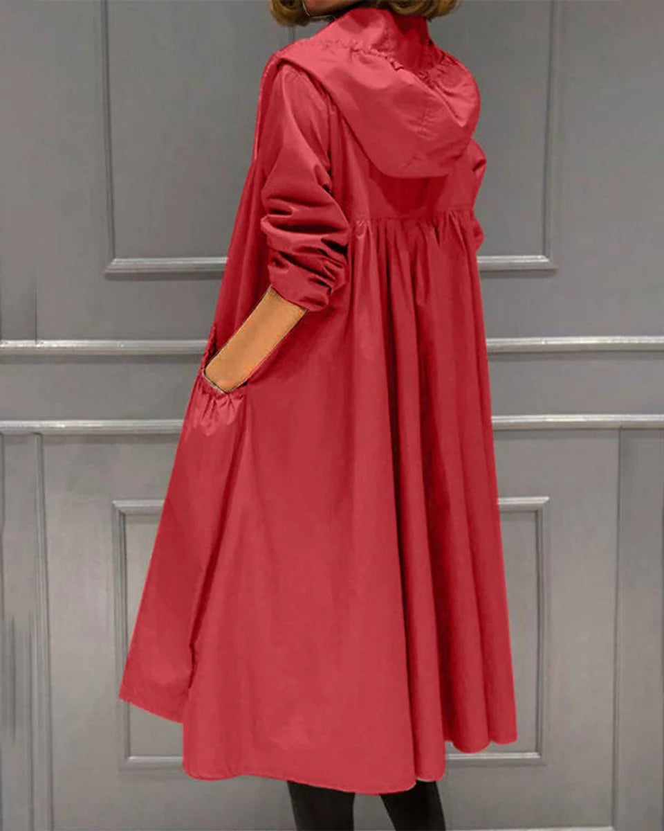 Red Women's Waterproof Trench Coat with Hooded A-Line Silhouette & Drawstring Waist — Bea