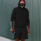 Black Men's Hoodie Shorts Set in French Terry with Kangaroo Pocket for Everyday Wear