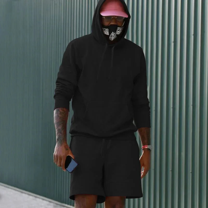 Black Men's Hoodie Shorts Set in French Terry with Kangaroo Pocket for Everyday Wear