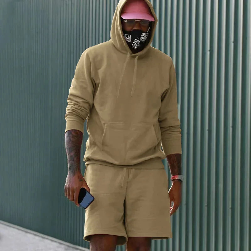 Camel Men's Hoodie Shorts Set in French Terry with Kangaroo Pocket for Everyday Wear