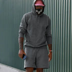 Dark Gray Men's Hoodie Shorts Set in French Terry with Kangaroo Pocket for Everyday Wear - Outdoor Pose