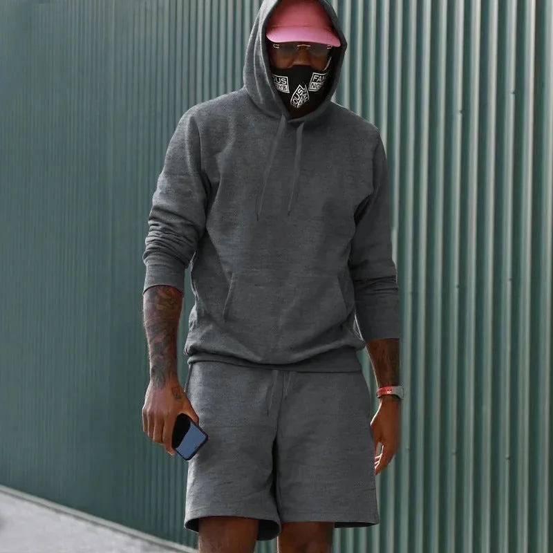 Dark Gray Men's Hoodie Shorts Set in French Terry with Kangaroo Pocket for Everyday Wear - Outdoor Pose