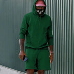 Dark Green Men's Hoodie Shorts Set in French Terry with Kangaroo Pocket for Everyday Wear - Outdoor Pose