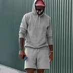 Light Grey Men's Hoodie Shorts Set in French Terry with Kangaroo Pocket for Everyday Wear - Outdoor Pose Gray