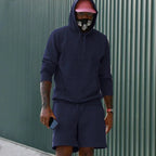 Navy Blue Men's Hoodie Shorts Set in French Terry with Kangaroo Pocket for Everyday Wear - Outdoor Pose