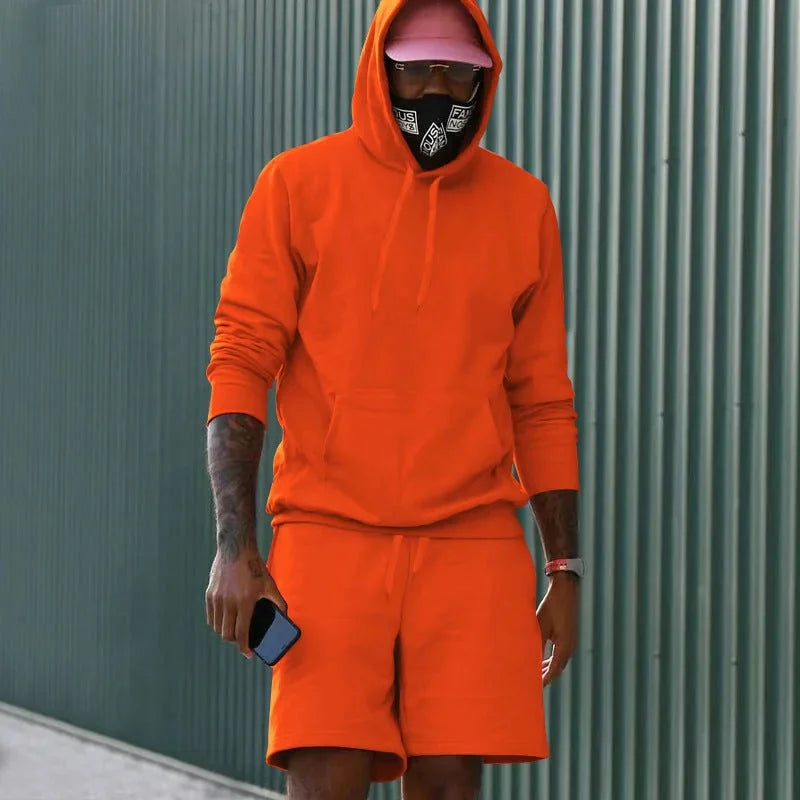 Orange Men's Hoodie Shorts Set in French Terry with Kangaroo Pocket for Everyday Wear