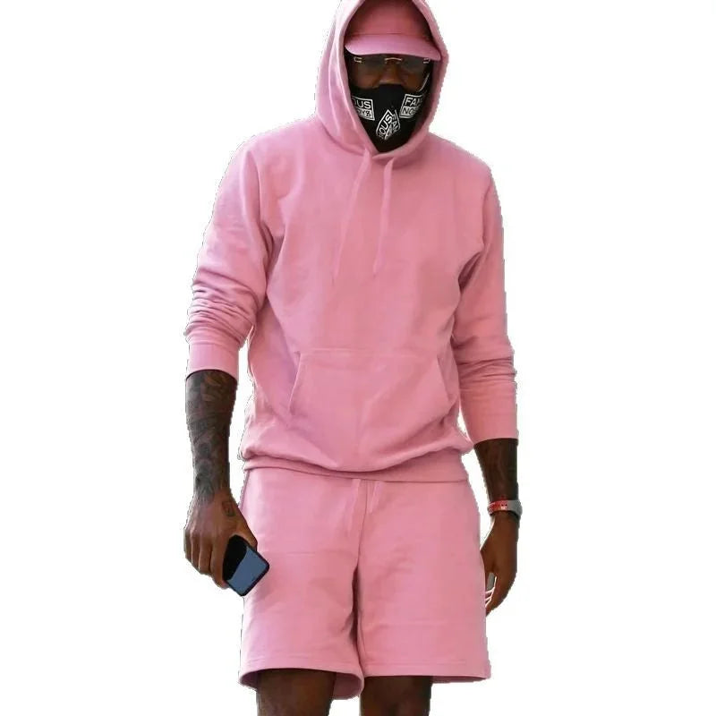 Men's Hoodie Shorts Set in French Terry with Kangaroo Pocket for Everyday Wear - Front Full