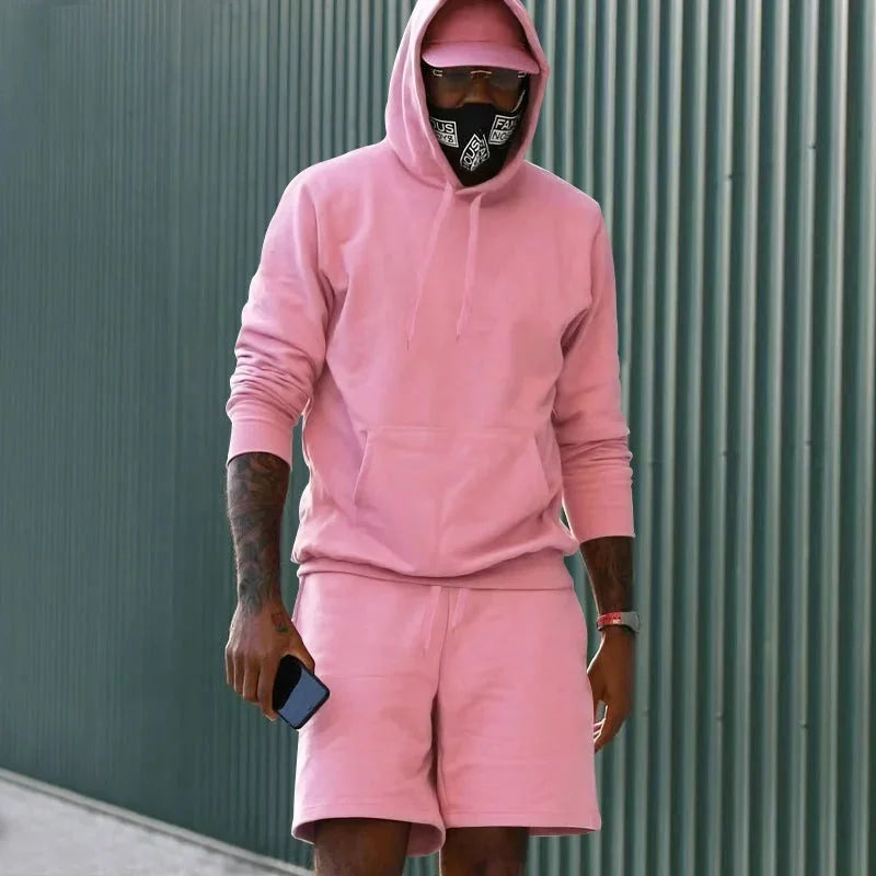Pink Men's Hoodie Shorts Set in French Terry with Kangaroo Pocket for Everyday Wear