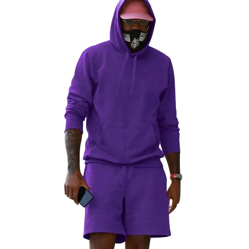 Men's Hoodie Shorts Set in French Terry with Kangaroo Pocket for Everyday Wear - Front Full