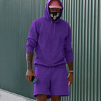 Violet Men's Hoodie Shorts Set in French Terry with Kangaroo Pocket for Everyday Wear - Outdoor Pose