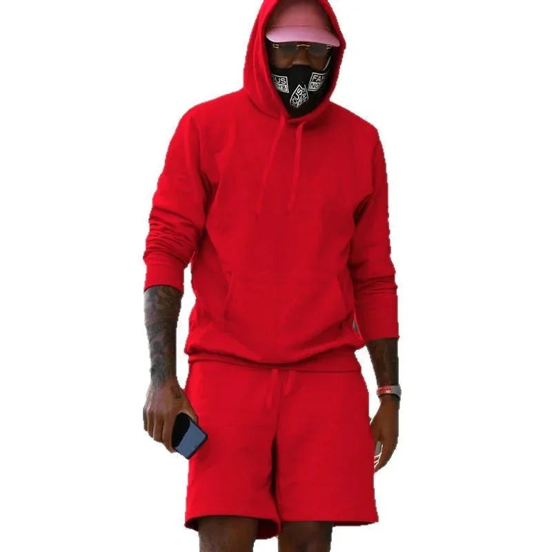 Men's Hoodie Shorts Set in French Terry with Kangaroo Pocket for Everyday Wear - Front Full