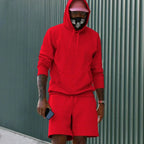 Red Men's Hoodie Shorts Set in French Terry with Kangaroo Pocket for Everyday Wear