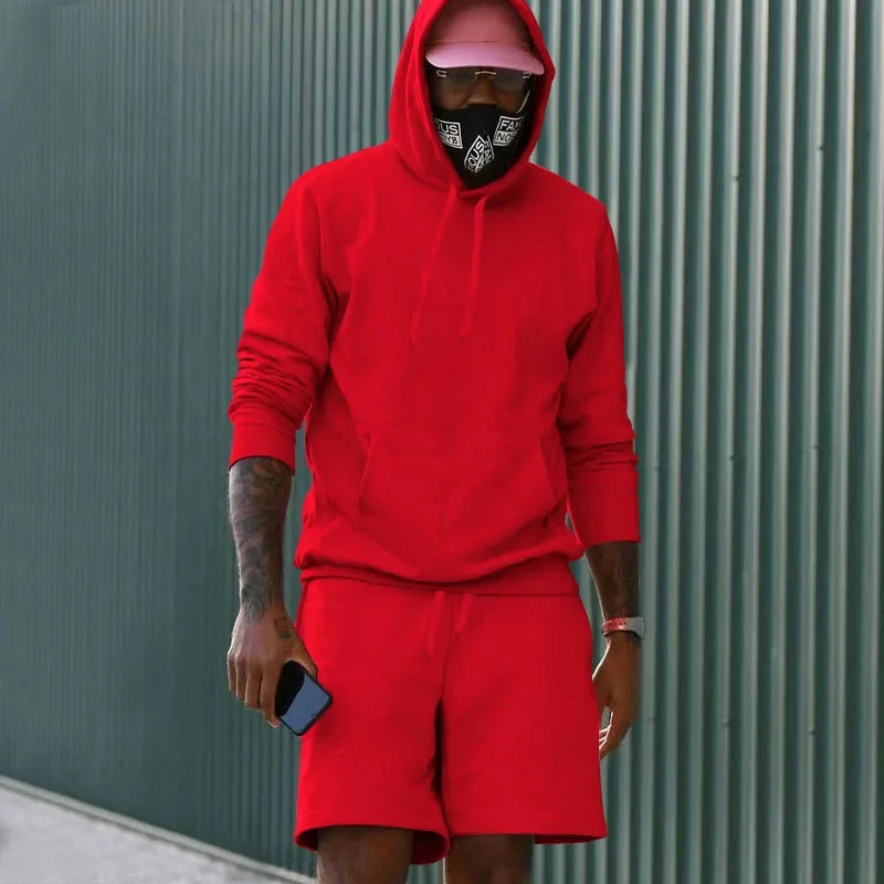Red Men's Hoodie Shorts Set in French Terry with Kangaroo Pocket for Everyday Wear