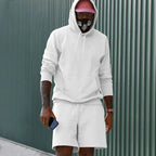 White Men's Hoodie Shorts Set in French Terry with Kangaroo Pocket for Everyday Wear