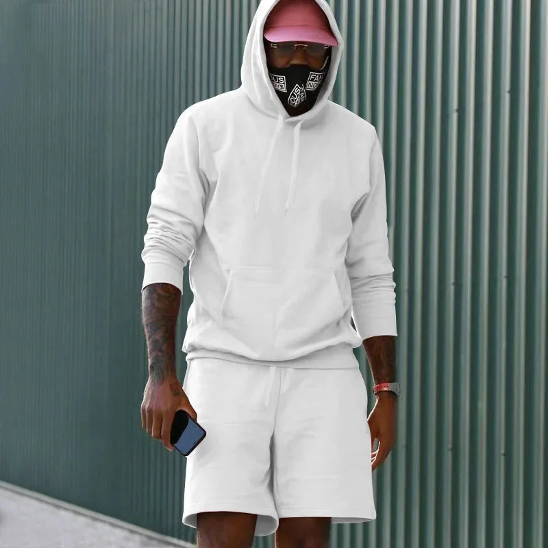White Men's Hoodie Shorts Set in French Terry with Kangaroo Pocket for Everyday Wear