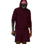 Men's Hoodie Shorts Set in French Terry with Kangaroo Pocket for Everyday Wear - Red Front Full