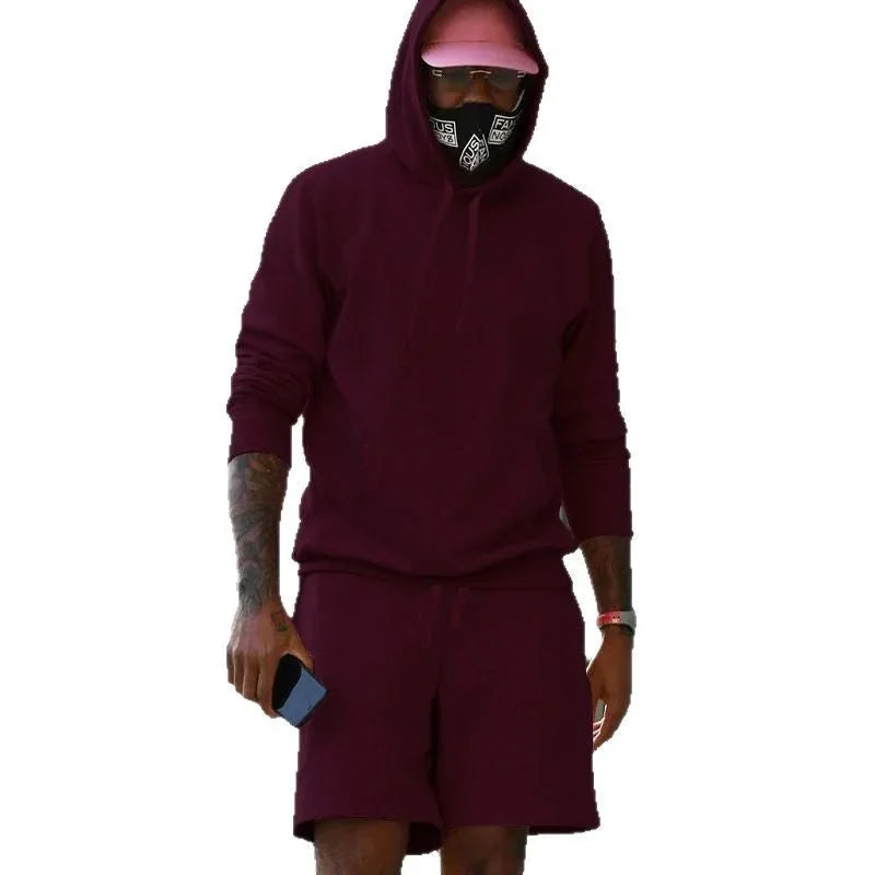 Men's Hoodie Shorts Set in French Terry with Kangaroo Pocket for Everyday Wear - Red Front Full