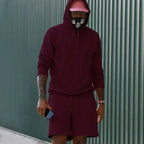Wine Red Men's Hoodie Shorts Set in French Terry with Kangaroo Pocket for Everyday Wear - Outdoor Pose