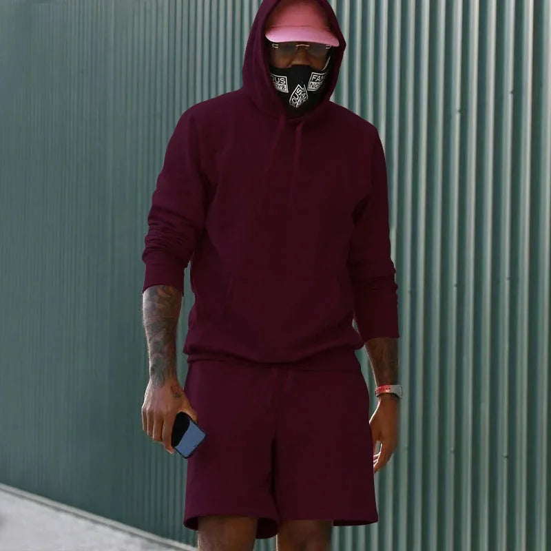 Wine Red Men's Hoodie Shorts Set in French Terry with Kangaroo Pocket for Everyday Wear - Outdoor Pose