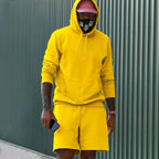 Yellow Men's Hoodie Shorts Set in French Terry with Kangaroo Pocket for Everyday Wear
