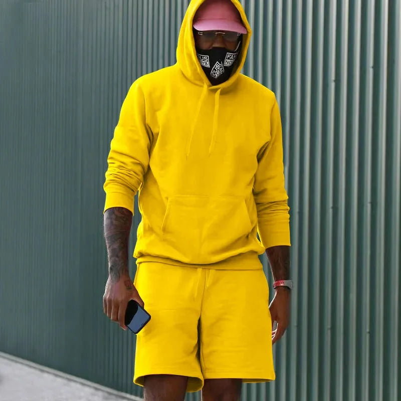Yellow Men's Hoodie Shorts Set in French Terry with Kangaroo Pocket for Everyday Wear
