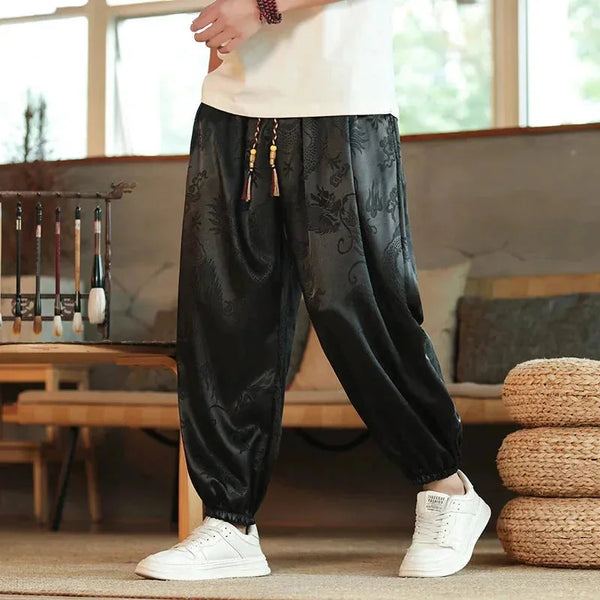 Men's Wide-Leg Jacquard Satin Harem Pants with Drawstring & Elastic Cuffs — Atticus