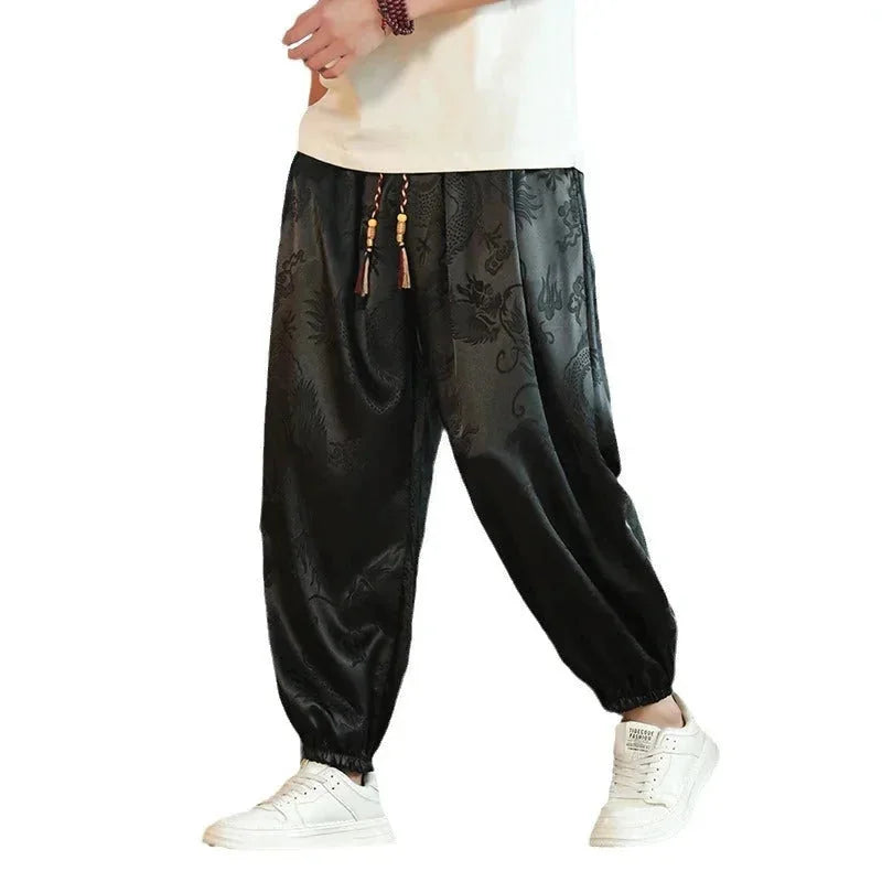 Men's Wide-Leg Jacquard Satin Harem Pants with Drawstring & Elastic Cuffs