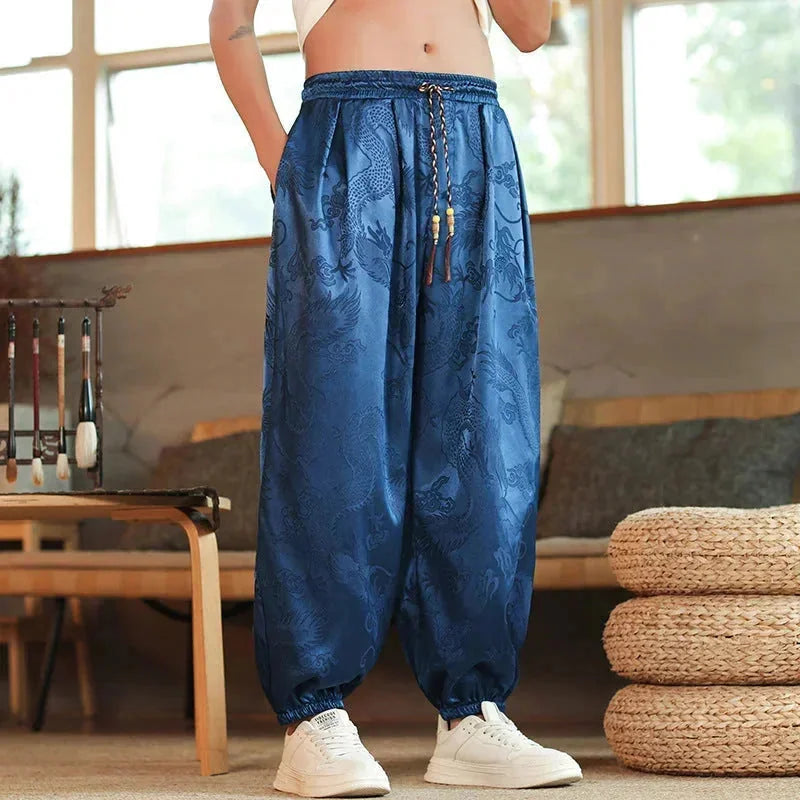 Men's Wide-Leg Jacquard Satin Harem Pants with Drawstring & Elastic Cuffs - Front Closeup