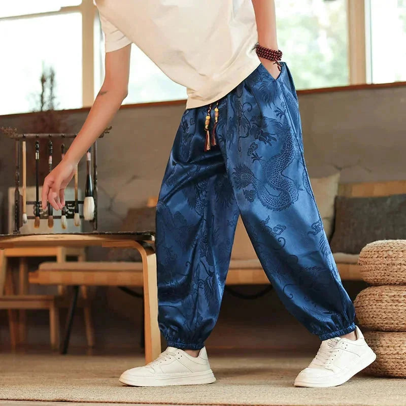 Navy Blue Men's Wide-Leg Jacquard Satin Harem Pants with Drawstring & Elastic Cuffs