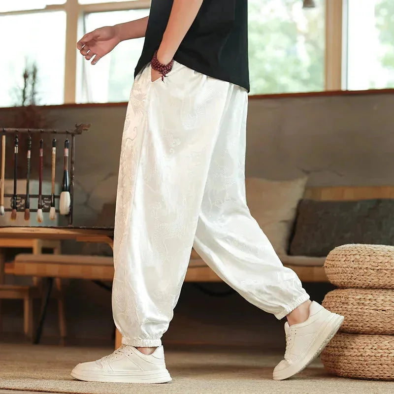 White Men's Wide-Leg Jacquard Satin Harem Pants with Drawstring & Elastic Cuffs