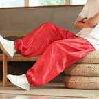 Men's Wide-Leg Jacquard Satin Harem Pants with Drawstring & Elastic Cuffs - Red Seated Detail