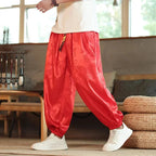Wine Red Men's Wide-Leg Jacquard Satin Harem Pants with Drawstring & Elastic Cuffs