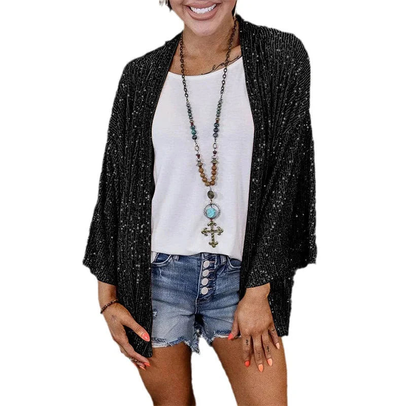 Black Women's Ribbed Knit Sequin Cardigan with Kimono Sleeves