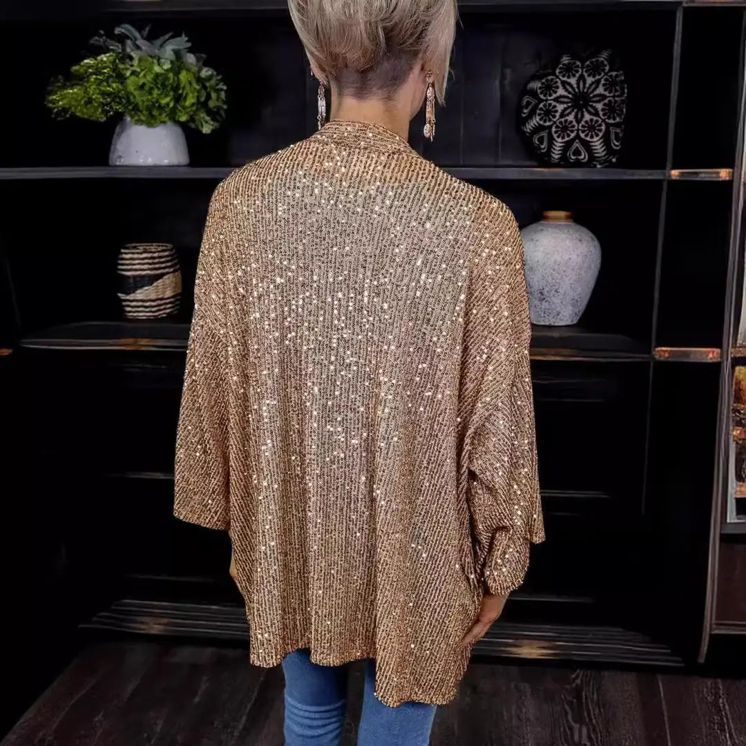 Champagne Women's Ribbed Knit Sequin Cardigan with Kimono Sleeves — Simone - Back Full