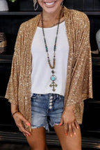 Champagne Women's Ribbed Knit Sequin Cardigan with Kimono Sleeves — Simone - Front Closeup