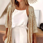 Champagne Women's Ribbed Knit Sequin Cardigan with Kimono Sleeves