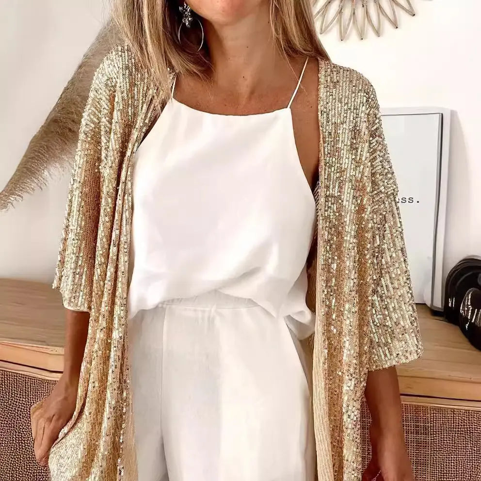 Champagne Women's Ribbed Knit Sequin Cardigan with Kimono Sleeves