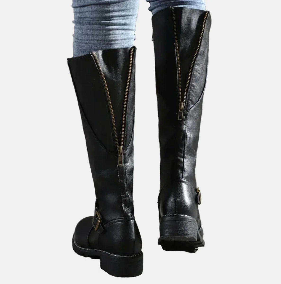 Black Women's Knee-High Riding Boots with Buckle Strap & Cushioned Comfort — Amelia - Worn Back Zipper