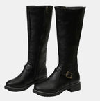 Black Women's Knee-High Riding Boots with Buckle Strap & Cushioned Comfort
