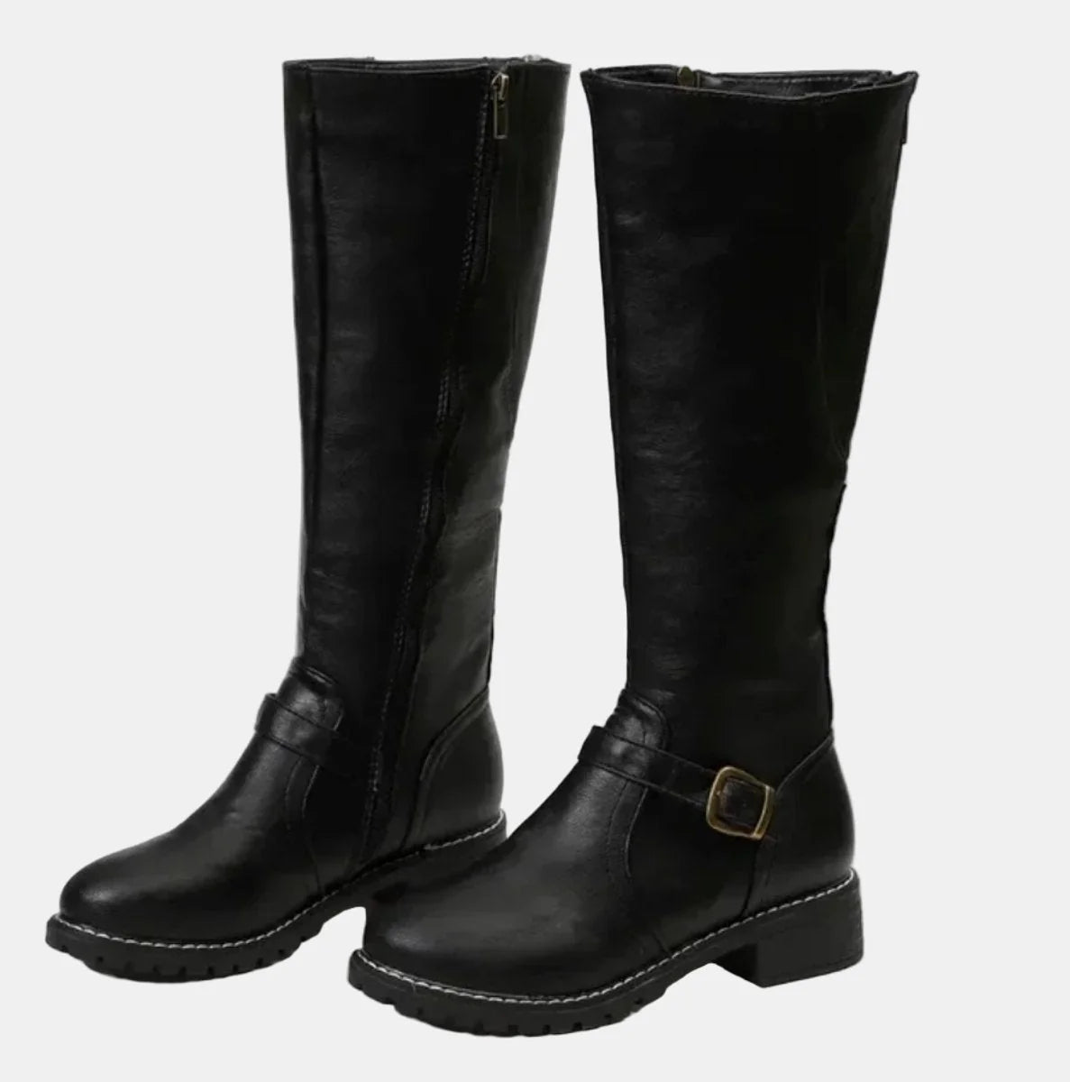 Black Women's Knee-High Riding Boots with Buckle Strap & Cushioned Comfort