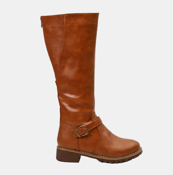 Brown Women's Knee-High Riding Boots with Buckle Strap & Cushioned Comfort — Amelia - Studio Single Side