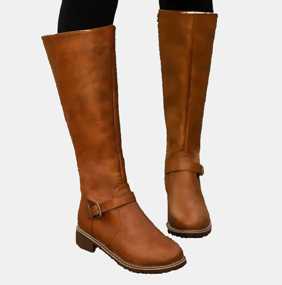 Brown Women's Knee-High Riding Boots with Buckle Strap & Cushioned Comfort — Amelia - Worn Front Pose