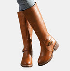 Brown Women's Knee-High Riding Boots with Buckle Strap & Cushioned Comfort — Amelia