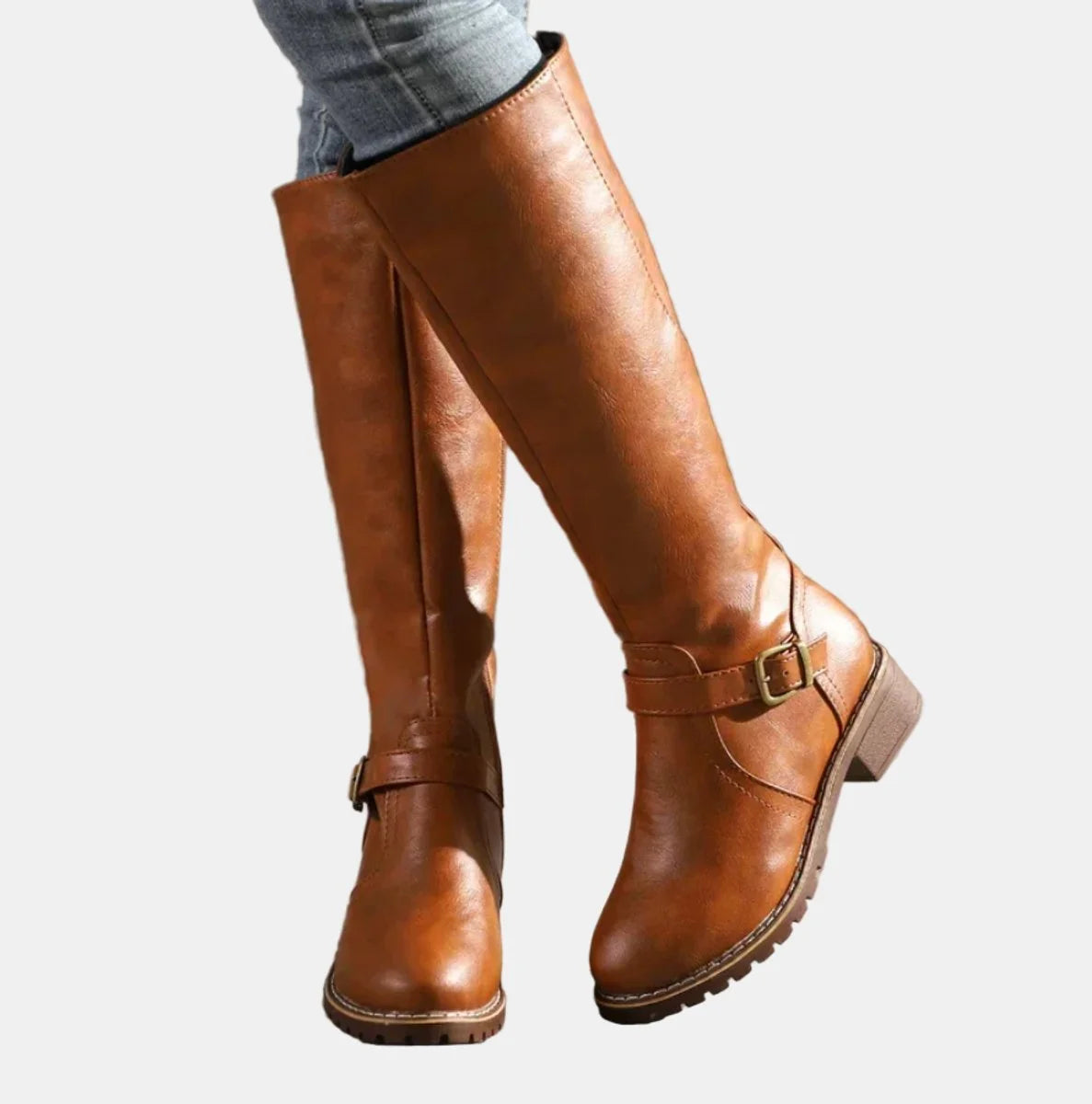 Brown Women's Knee-High Riding Boots with Buckle Strap & Cushioned Comfort — Amelia