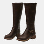 Dark Brown Women's Knee-High Riding Boots with Buckle Strap & Cushioned Comfort — Amelia - Studio Pair Angle