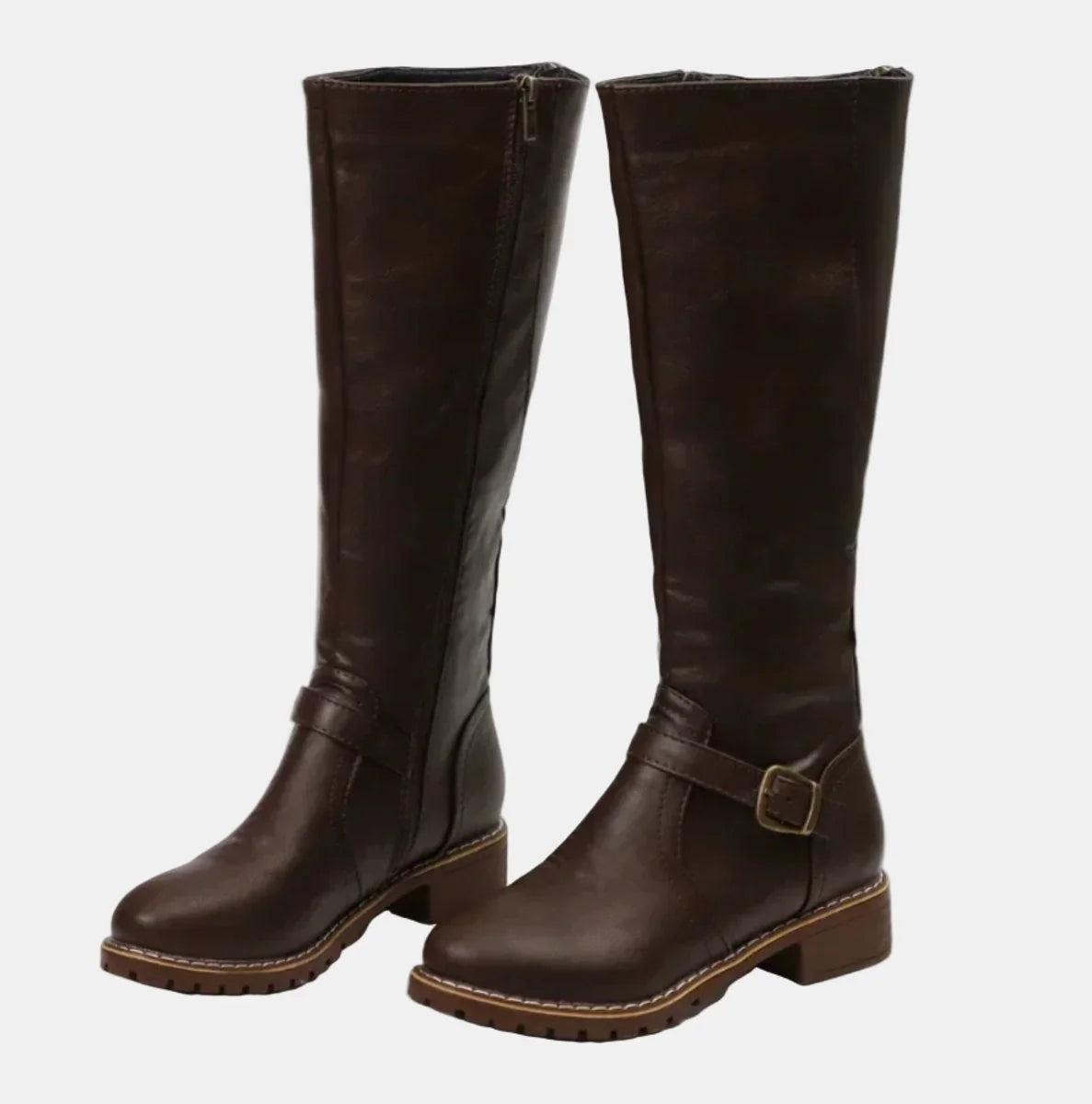 Dark Brown Women's Knee-High Riding Boots with Buckle Strap & Cushioned Comfort — Amelia - Studio Pair Angle