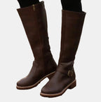 Dark Brown Women's Knee-High Riding Boots with Buckle Strap & Cushioned Comfort — Amelia - Worn Front View